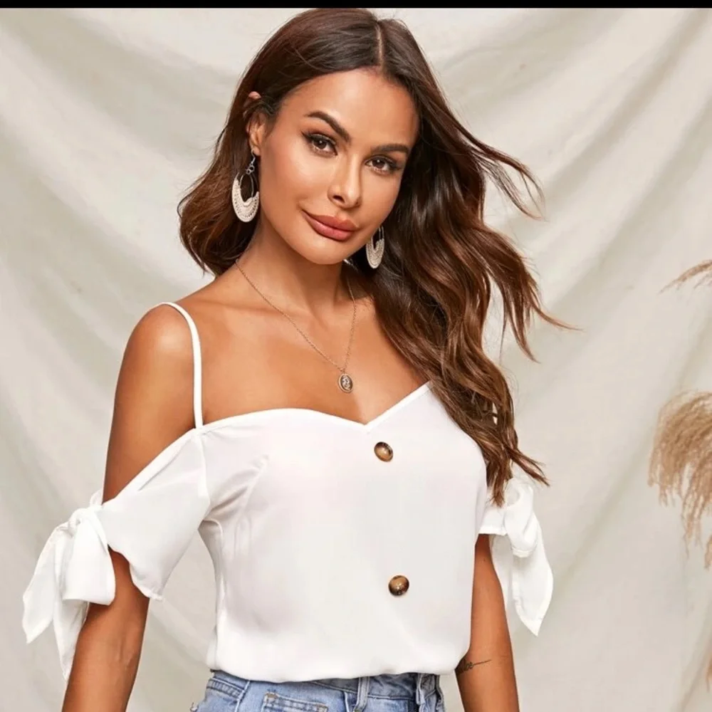 *White V-Neck Button Front Top - Picture 1 of 5
